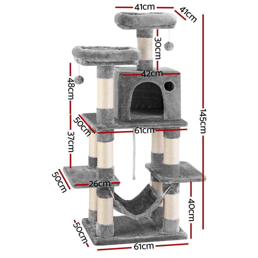 i.Pet Cat Tree 145cm Tower Scratching Post Trees Scratcher Condo House Light Grey - i.Pet