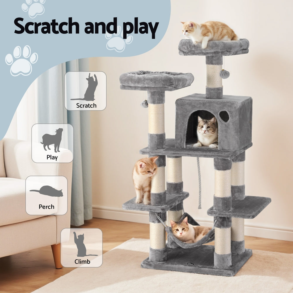 i.Pet Cat Tree 145cm Tower Scratching Post Trees Scratcher Condo House Light Grey - i.Pet