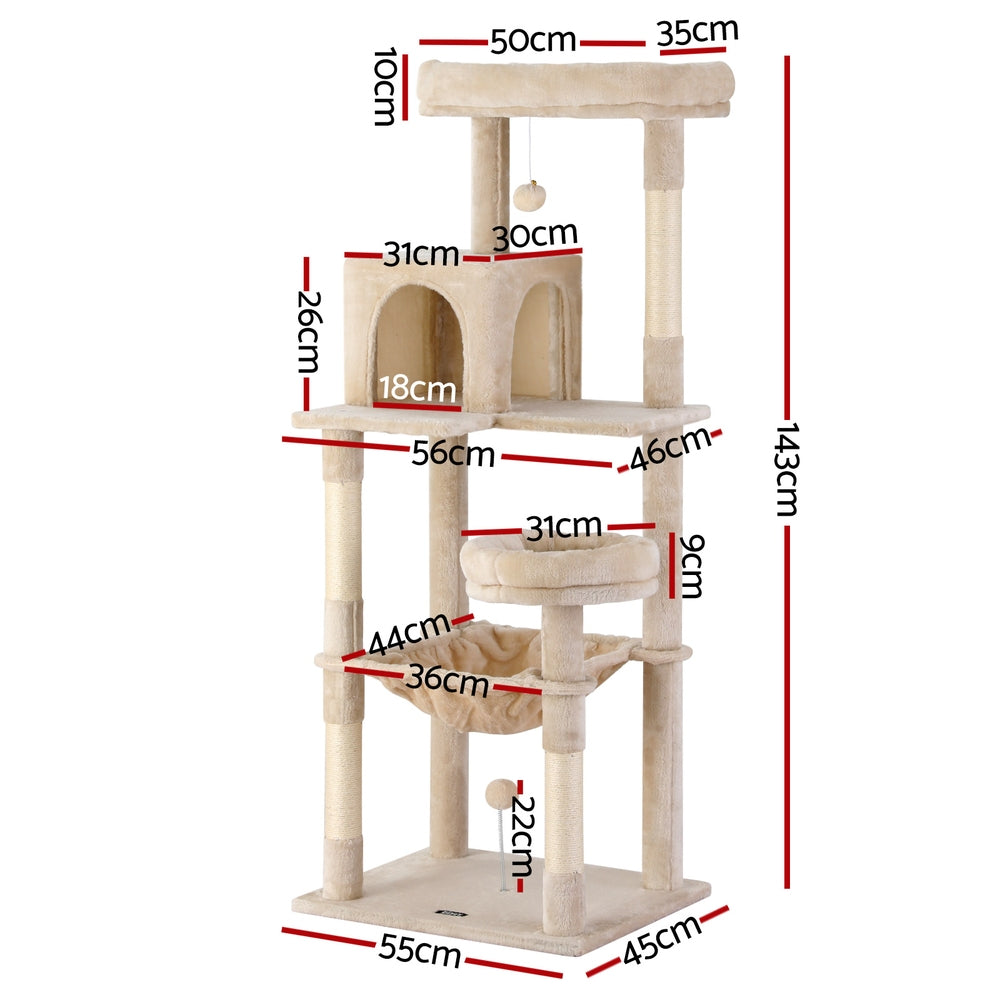 i.Pet Cat Tree 143cm Tower Scratching Post Trees Scratcher Condo House Beige - i.Pet