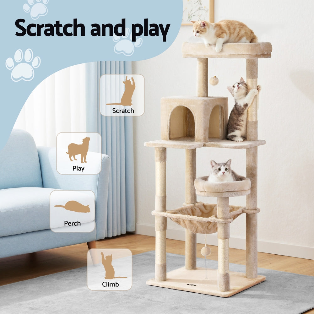 i.Pet Cat Tree 143cm Tower Scratching Post Trees Scratcher Condo House Beige - i.Pet