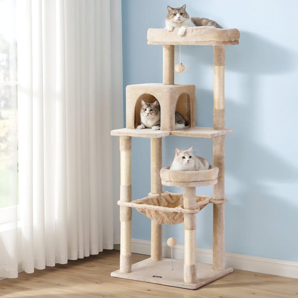 i.Pet Cat Tree 143cm Tower Scratching Post Trees Scratcher Condo House Beige - i.Pet