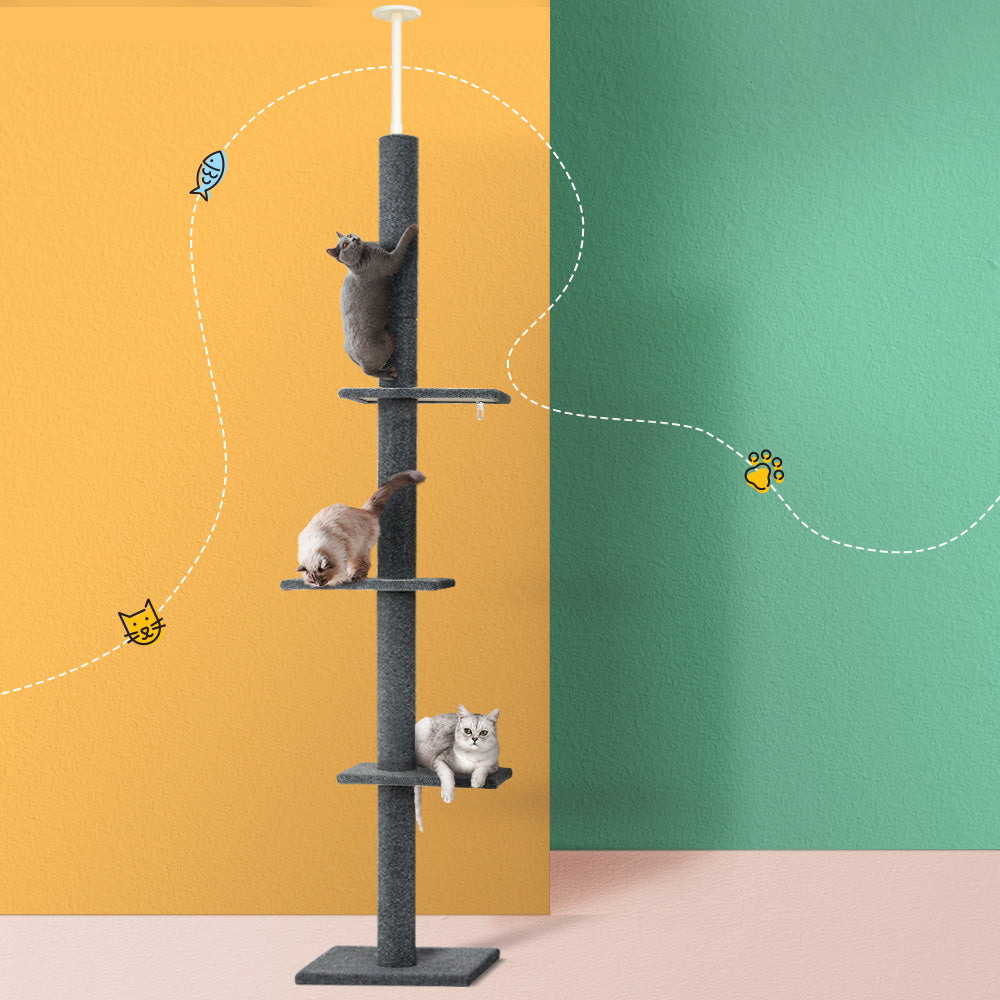 i.Pet Cat Tree 290cm Tower Scratching Post Scratcher Floor to Ceiling Cats Bed Grey - i.Pet