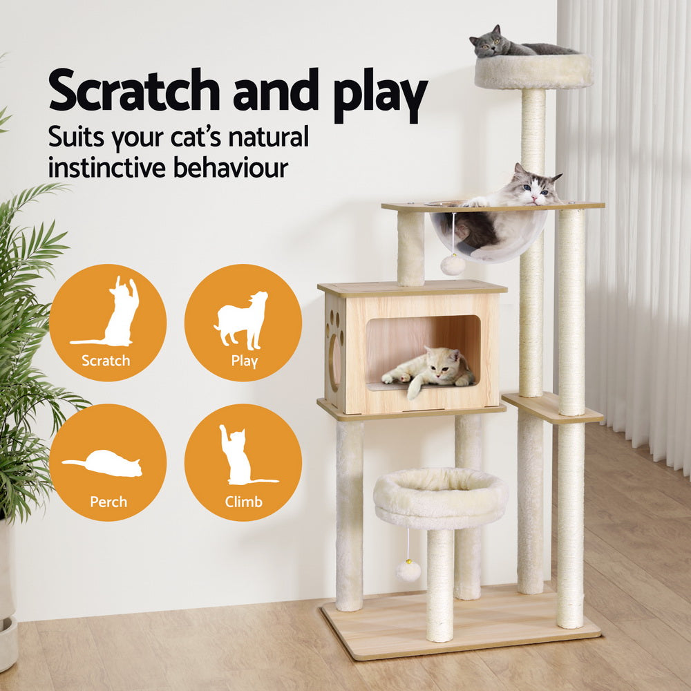 i.Pet Cat Tree Tower Scratching Post Scratcher 142cm Wood Bed Condo House - i.Pet