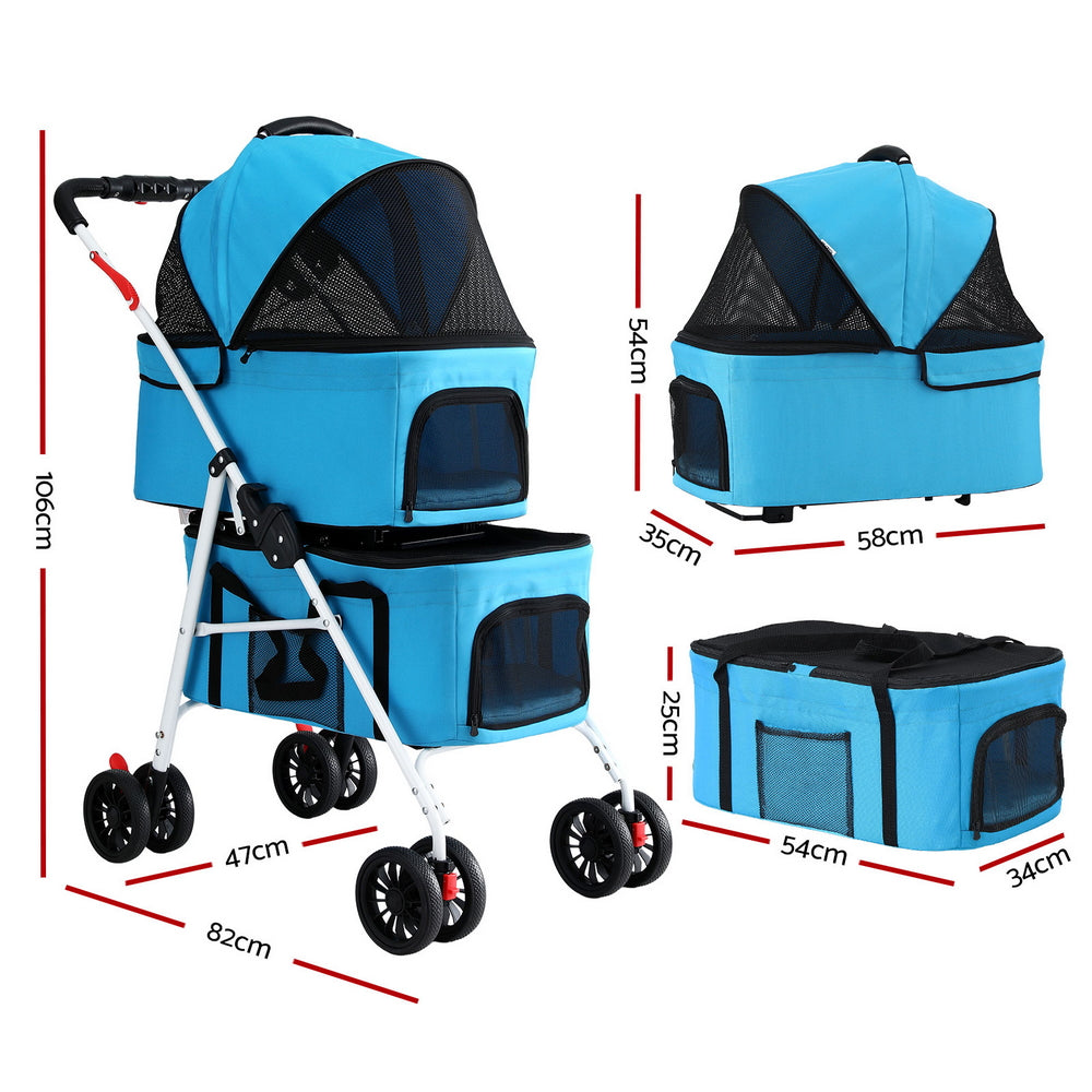 4-in-1 double pet stroller with detachable carrier and travel carriage i.Pet Pet Stroller Dog Pram Large Cat Carrier Travel Foldable 4 Wheels