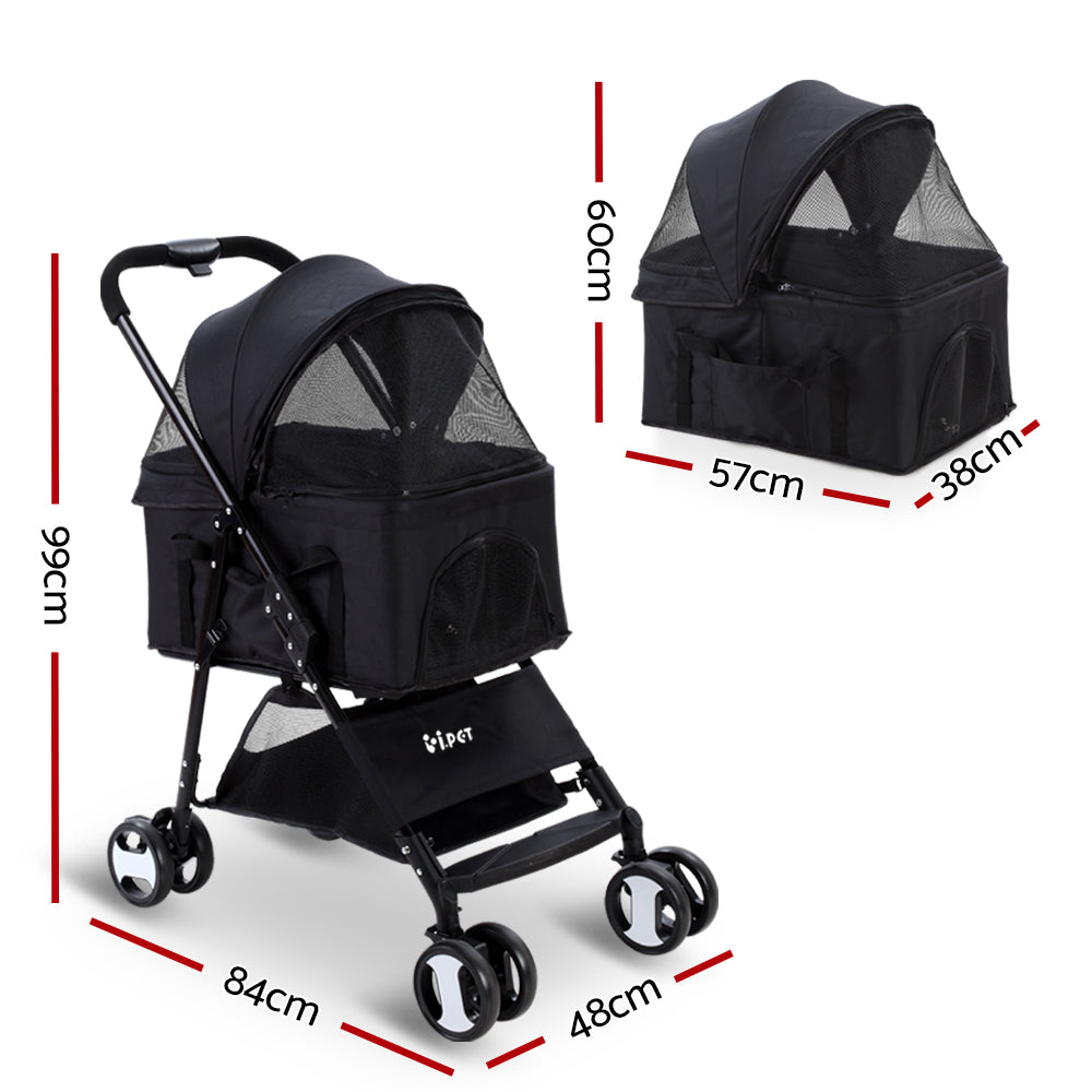 i.Pet 3 in 1 Fold-able Pet Stroller for Dog and Cat in Black - i.Pet