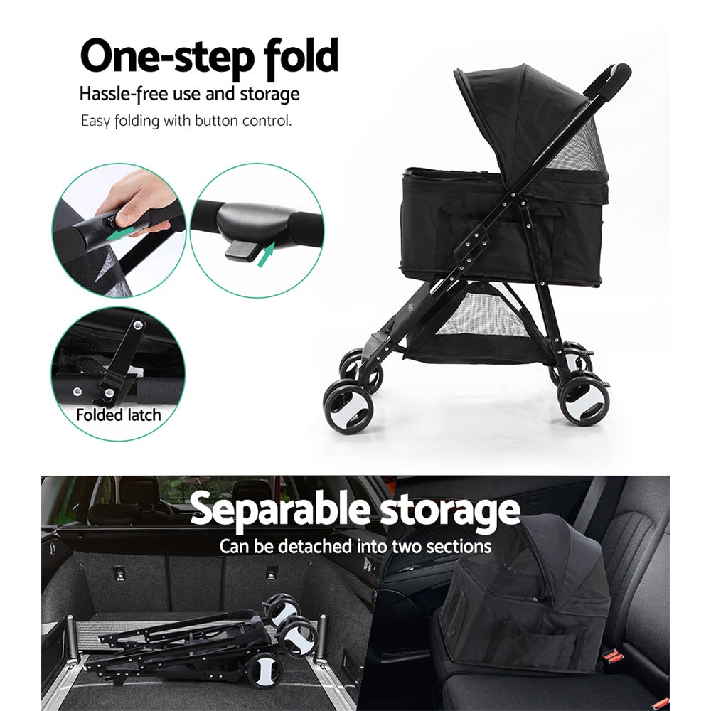 i.Pet 3 in 1 Fold-able Pet Stroller for Dog and Cat in Black - i.Pet
