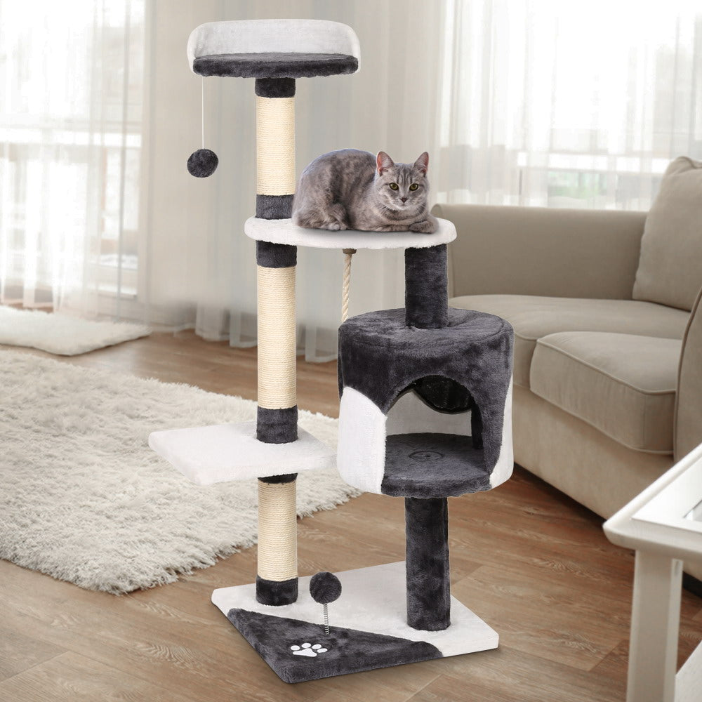 i.Pet Cat Scratcher Tree with Cat Cave – White and Grey