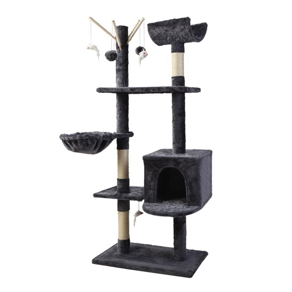 i.Pet Cat Scratching Post with Hanging Toy and Cat Cave - Dark Grey 