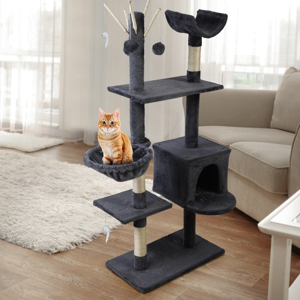 i.Pet Cat Scratching Post with Hanging Toy and Cat Cave - Dark Grey 