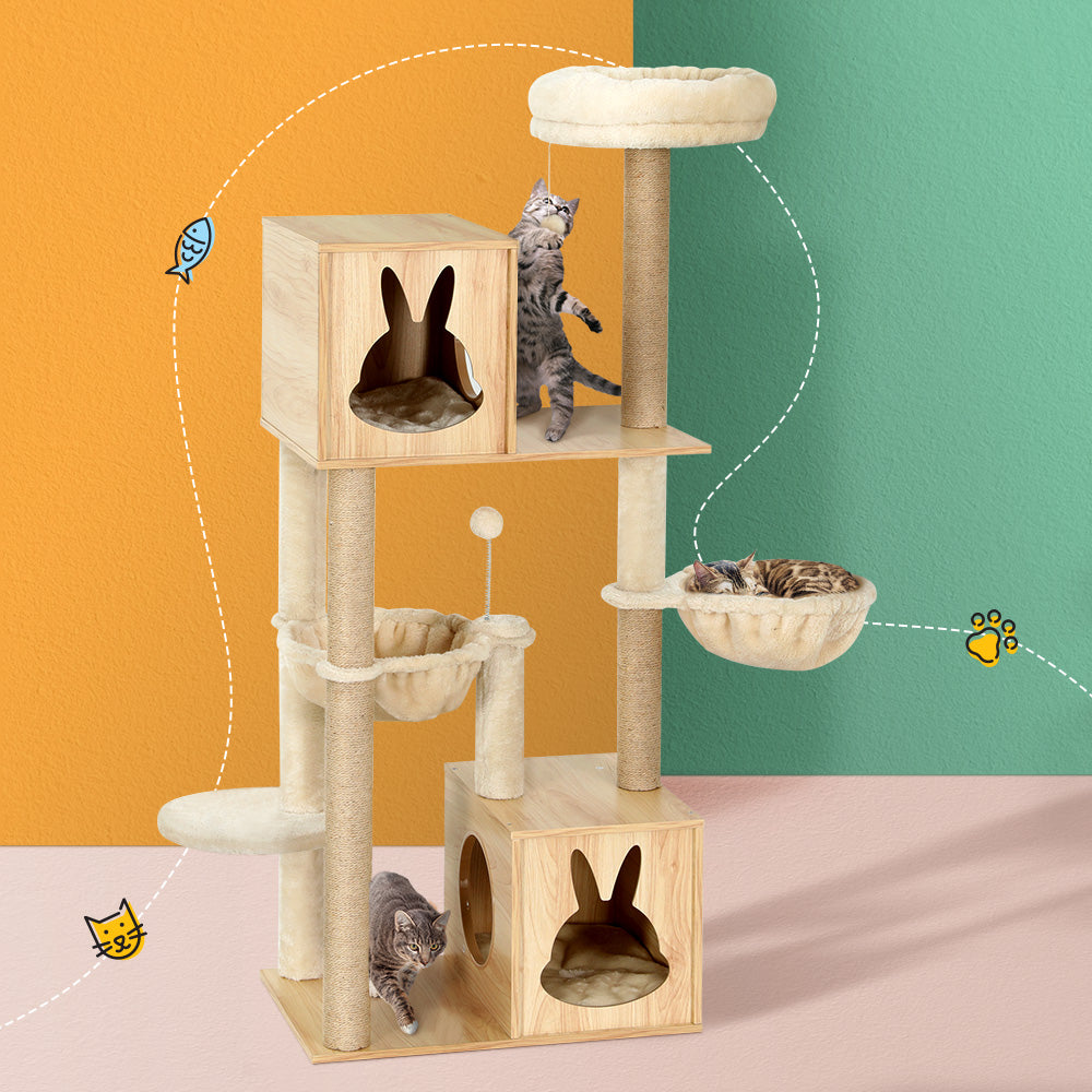 i.Pet Cat Tree Tower Scratching Post Scratcher Wood Bed Condo Toys House 141cm - i.Pet