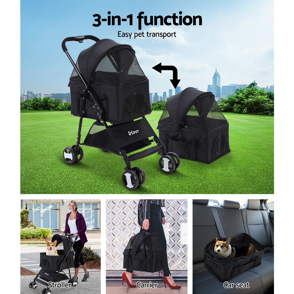 i.Pet 3 in 1 Fold-able Pet Stroller for Dog and Cat in Black - i.Pet