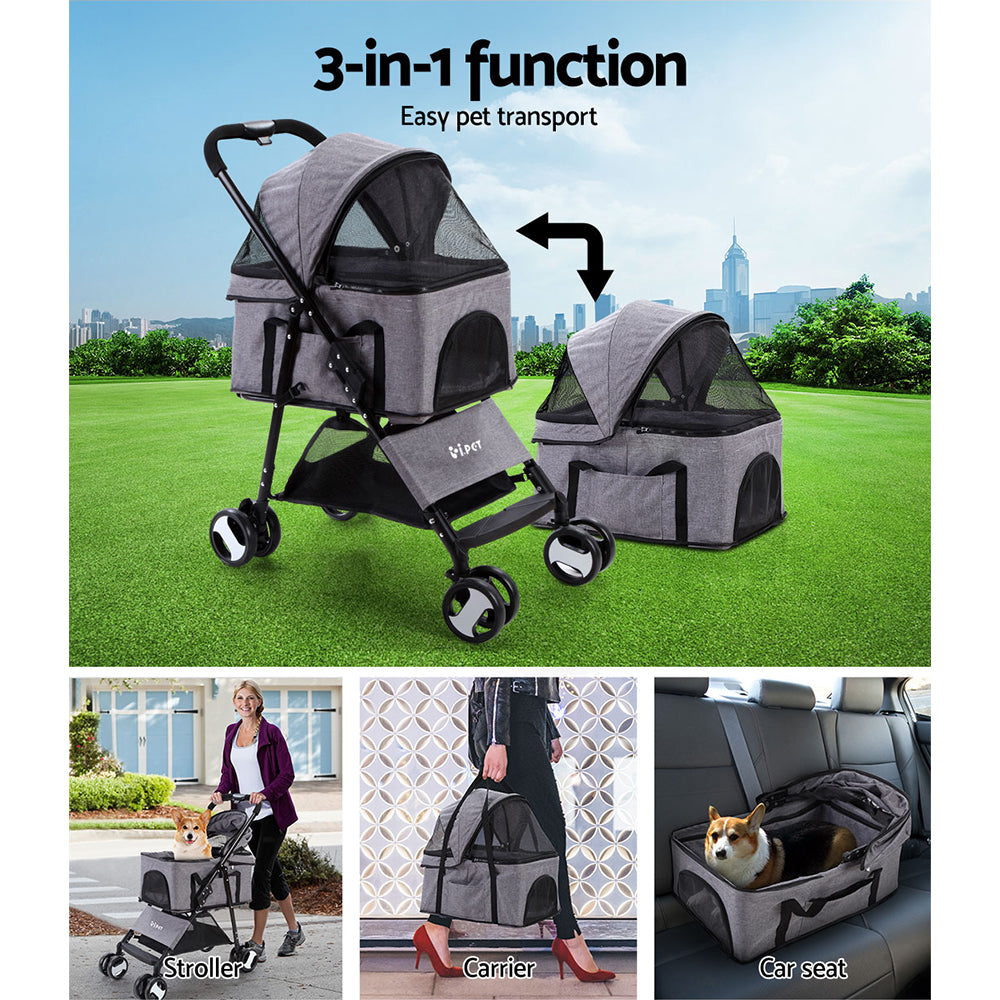 i.Pet 3 in 1 Foldable Pet Stroller Pram for Dog and Cat in Grey - i.Pet
